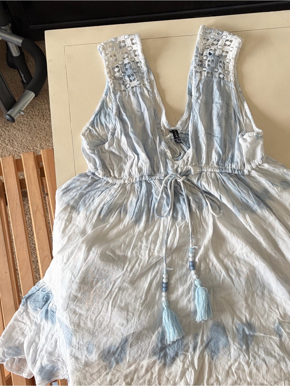 blue and white tie-dye top/dress with tassels